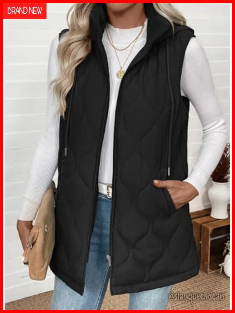 Long Puffer Vest Sleeveless Hooded Lightweight Quilted Jacket Winter Warm Zip